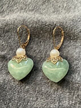 Genuine Jade Heart Pearl and 14K Gold Dangle Earrings